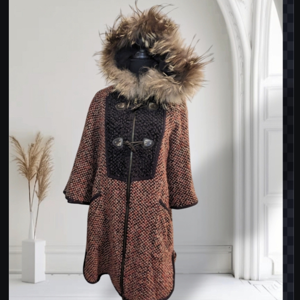 Knit Coatigan Jacket Raccoon Fur Hooded Paige Flynn Of France Vintage Tweed Cape